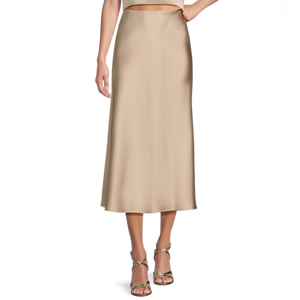 Satin Bias Midi Skirt in Beige